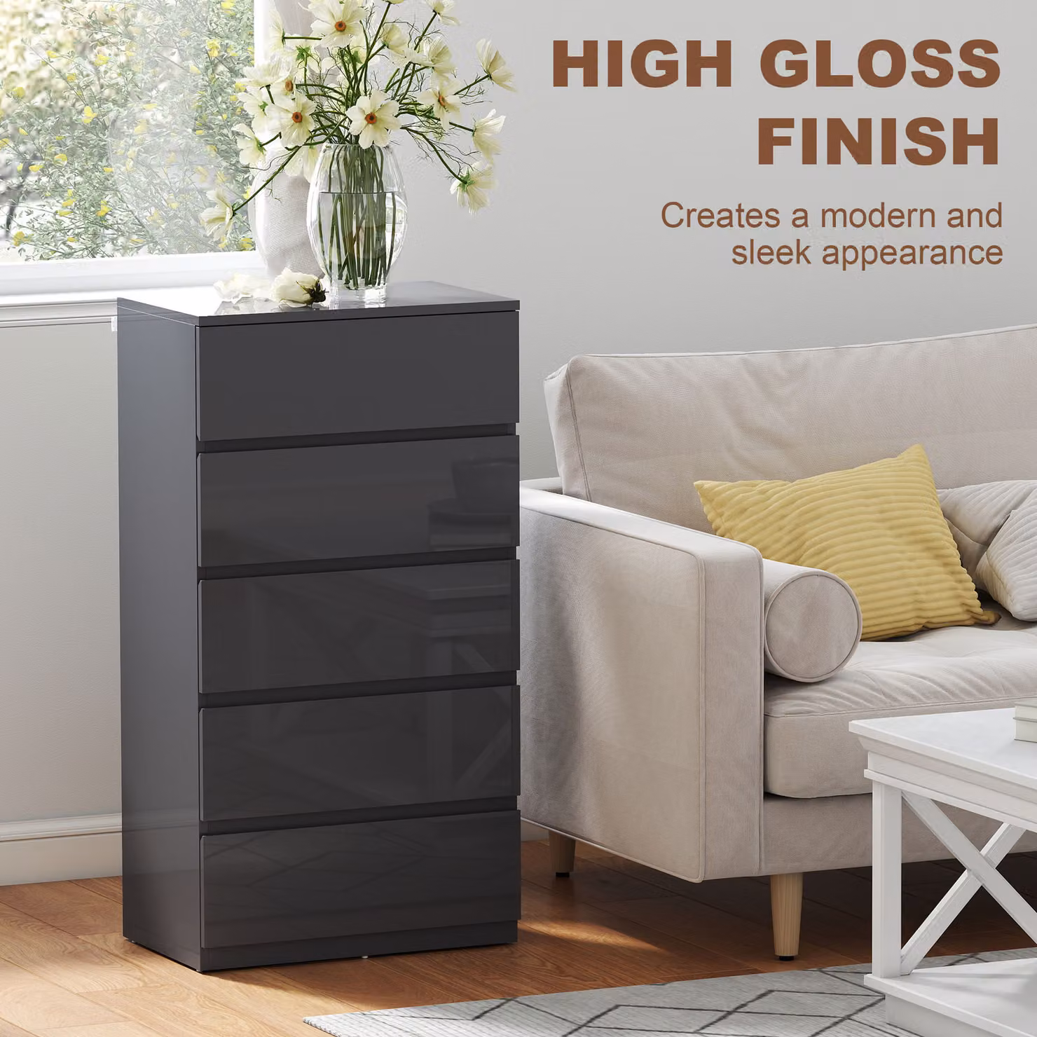 HOMCOM High Gloss 5-Drawer Chest of Drawers in Grey with Soft-Close Drawers – 4