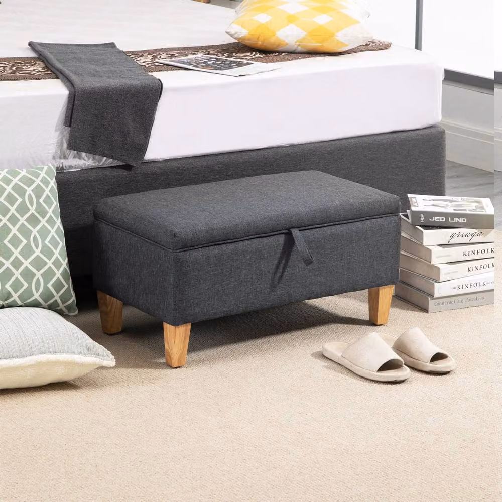 Wyld Haus Cose Dark Grey Linen Look Storage Ottoman with Padded Seat and Wooden Legs – 3