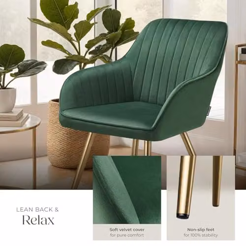 tectake Marilyn Dining Chair with Velvet Fabric and Armrests in Green and Gold – 5