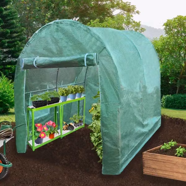 Monstershop Green Polytunnel with Shelving and Window, W/D/H: 3 x 2 x 2 m