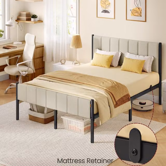 VASAGLE Single Bed Frame with Upholstered Headboard in Beige