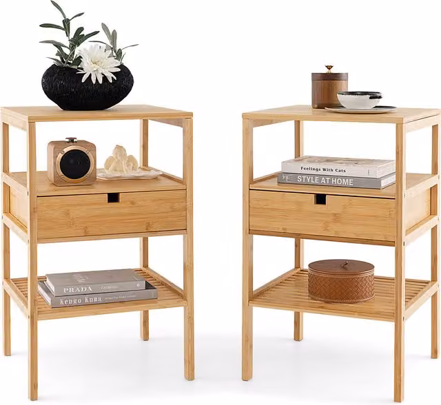 Costway Set of 2 Brown Wood and Bamboo Bedside Tables