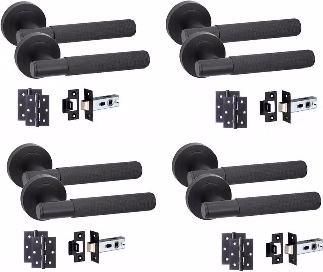 Golden Grace 4 Set Knurled T-Bar Door Handles on Rose Internal Set in Matt Black