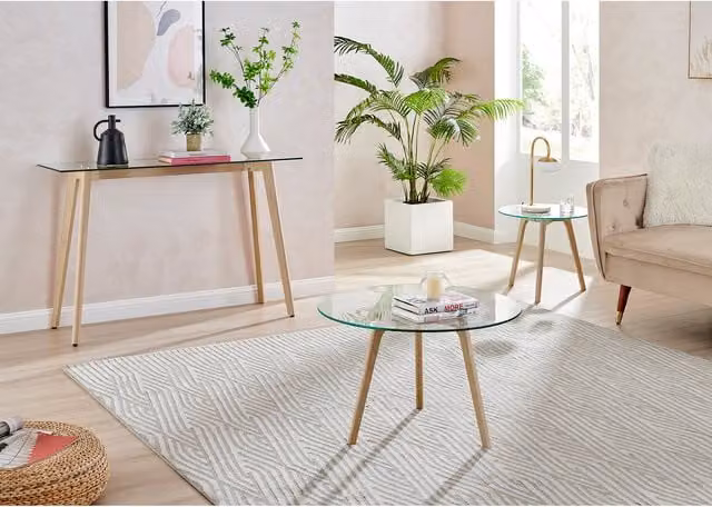 FurnitureboxUK Malmo Round Coffee Table with Transparent Glass and Beech Wood Legs