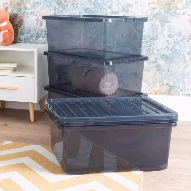 Wham Crystal 5x 45L Plastic Storage Boxes with Lids, Black and Transparent