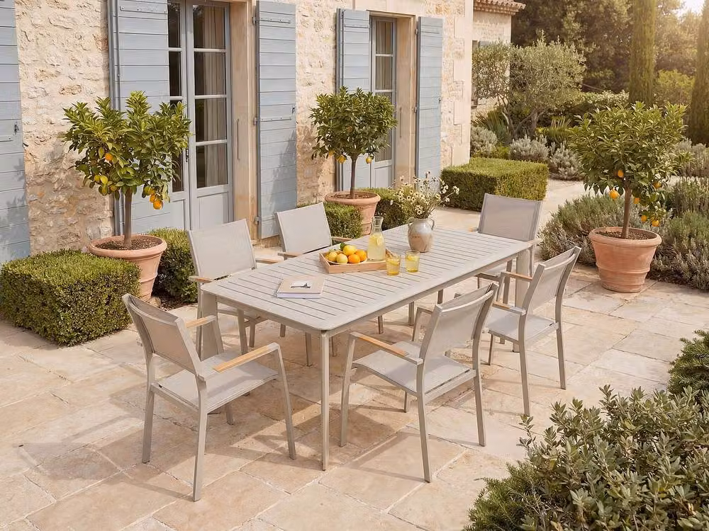 Vente-unique Set of 2 Stackable Aluminium and Textilene Garden Armchairs in Taupe – 2