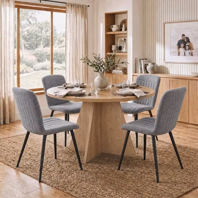 FWStyle Round Natural Oak Dining Table and 4 Grace Grey Dining Chairs in Brown, Diameter: 120 cm, Height: 75 cm