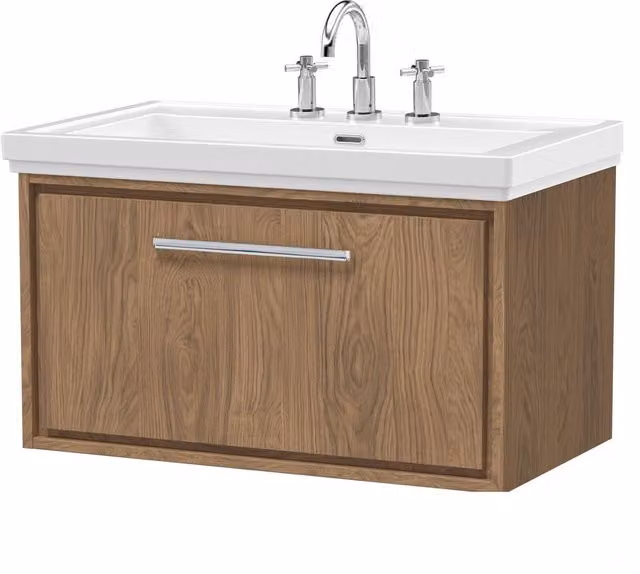 Balterley Longnor 1 Drawer Wall Hung Vanity Basin Unit in Antique Oak Brown, Width: 80 cm