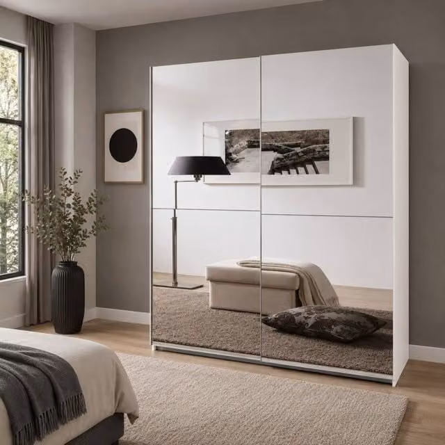 KDMD Kingsbury Sliding Wardrobe with Full Mirror, White, W: 135 cm, H: 199 cm, D: 64 cm