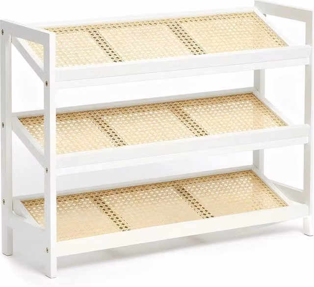 Keplin 3-Tier Bamboo and Rattan Shoe Organiser Rack in White, W/D/H: 54 x 29 x 70 cm
