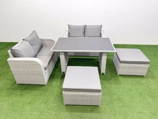 Fimous 5 Piece Outdoor PE Rattan Sofa Set with Cushions and 2 Large Stools in Light Grey
