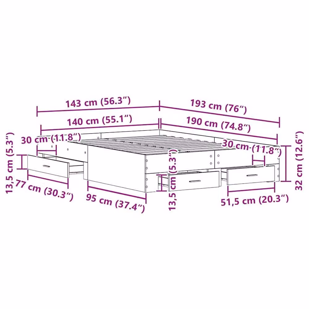 Berkfield Home Modern Bed Frame with Drawers in Artisan Oak Brown, W/D/H: 140 x 190 x 32 cm – 2