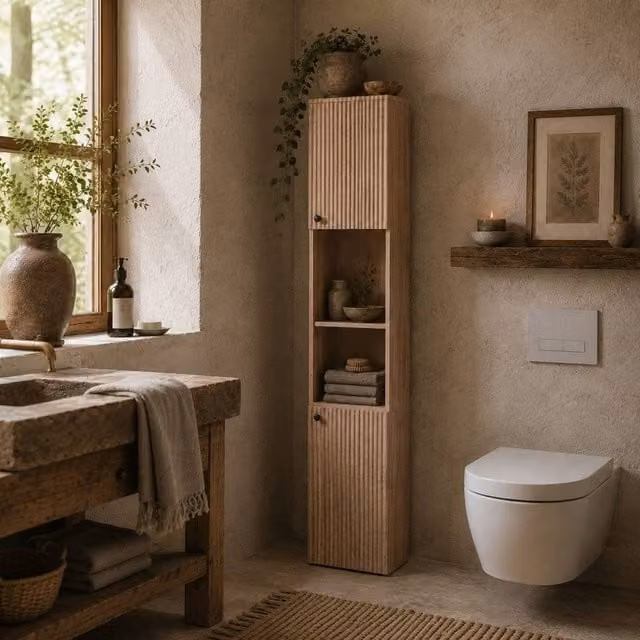 Wyld Haus Zivi Tall 6 Tier Bathroom Storage Cabinet in Sand and Brown, H 182 x W 31 x D 30 cm