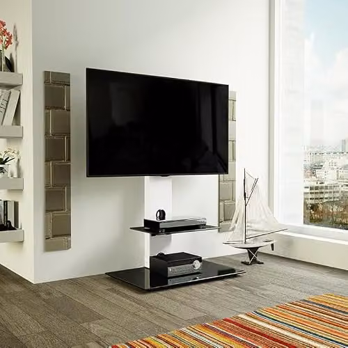 AVF Column TV Floor Stand with Glossy White Column and Safety Glass Shelves for TVs up to 65 inches – 2