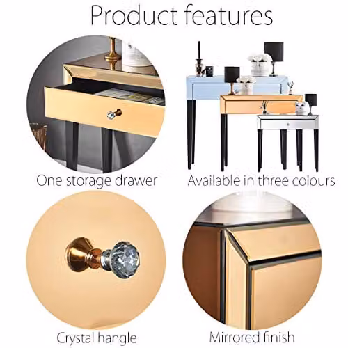 Laguna Rose Gold Mirrored Dressing Table with Glass Design, Drawer and Crystal Handle – 5
