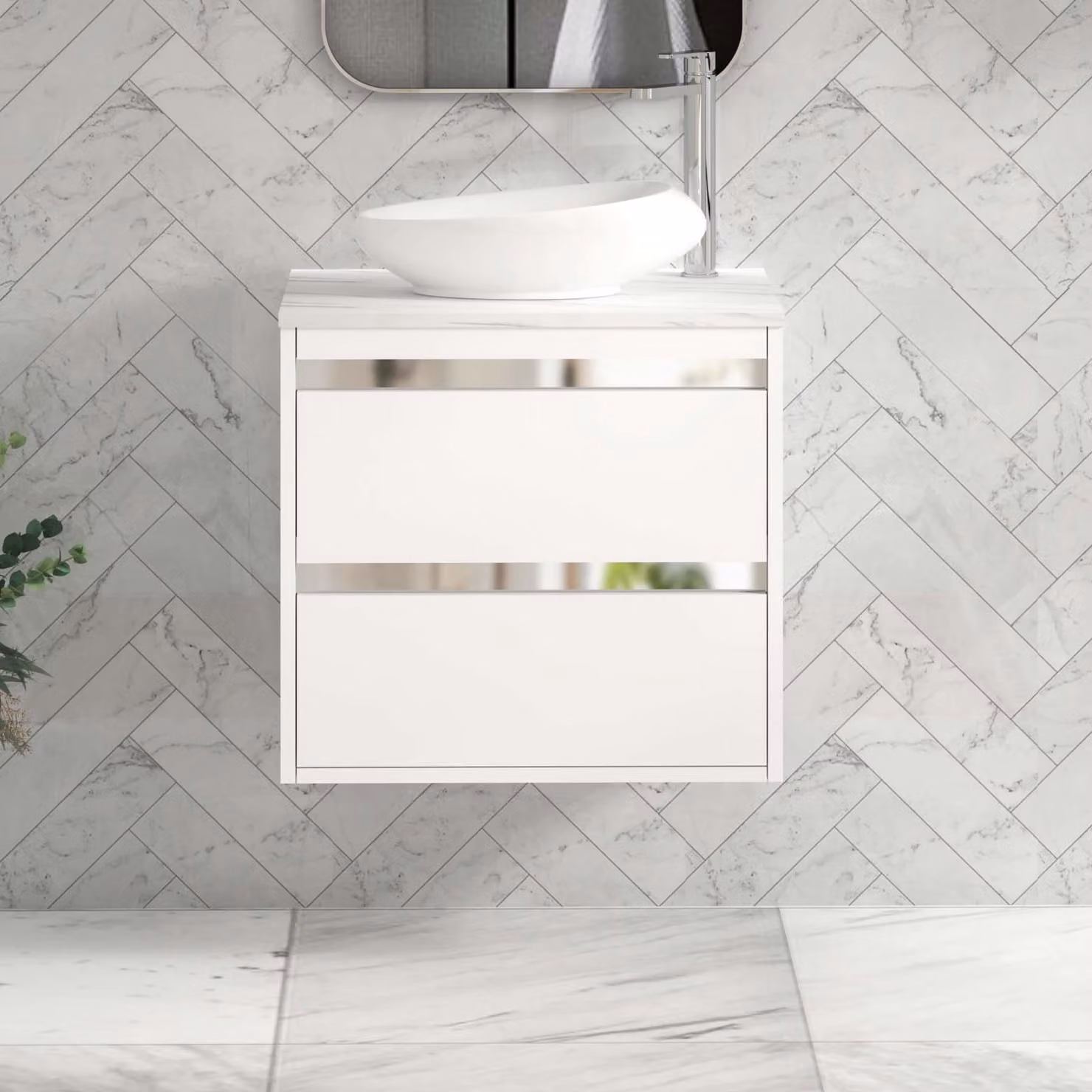Royal Bathrooms Orion 800mm Matt White Wall Hung 2 Drawer Vanity Unit with Nova Basin and Chrome Accent Trim