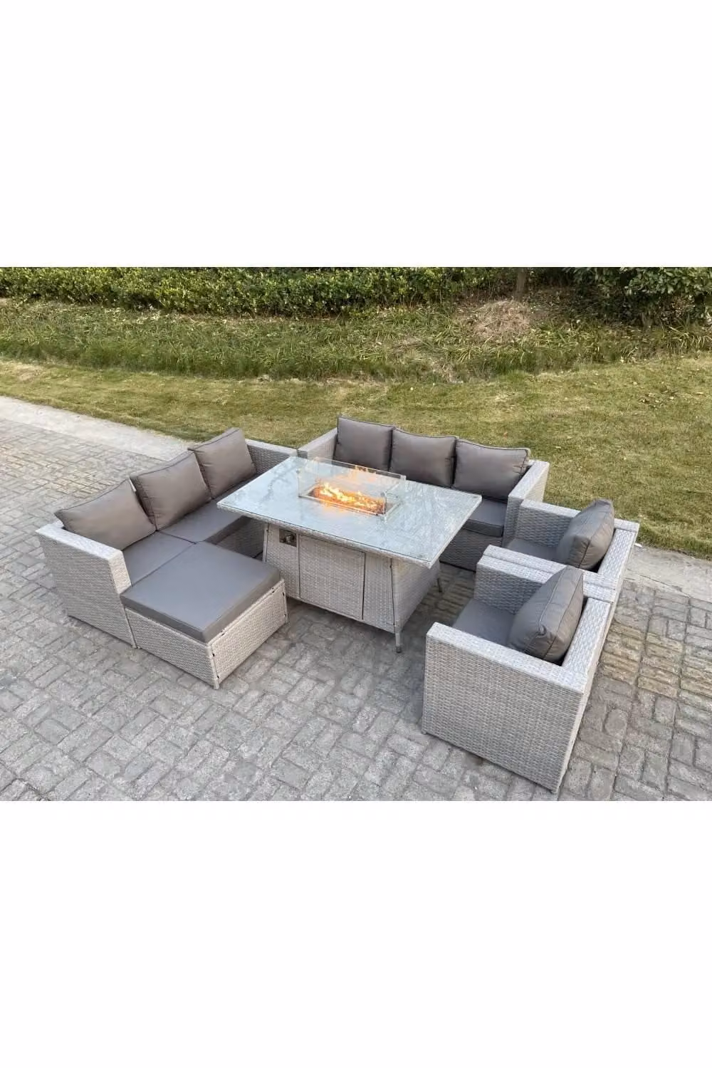 Fimous Rattan 6-Seater Gas Fire Pit Dining Set with Sofa, Chairs and Footstool in Light Grey – 2