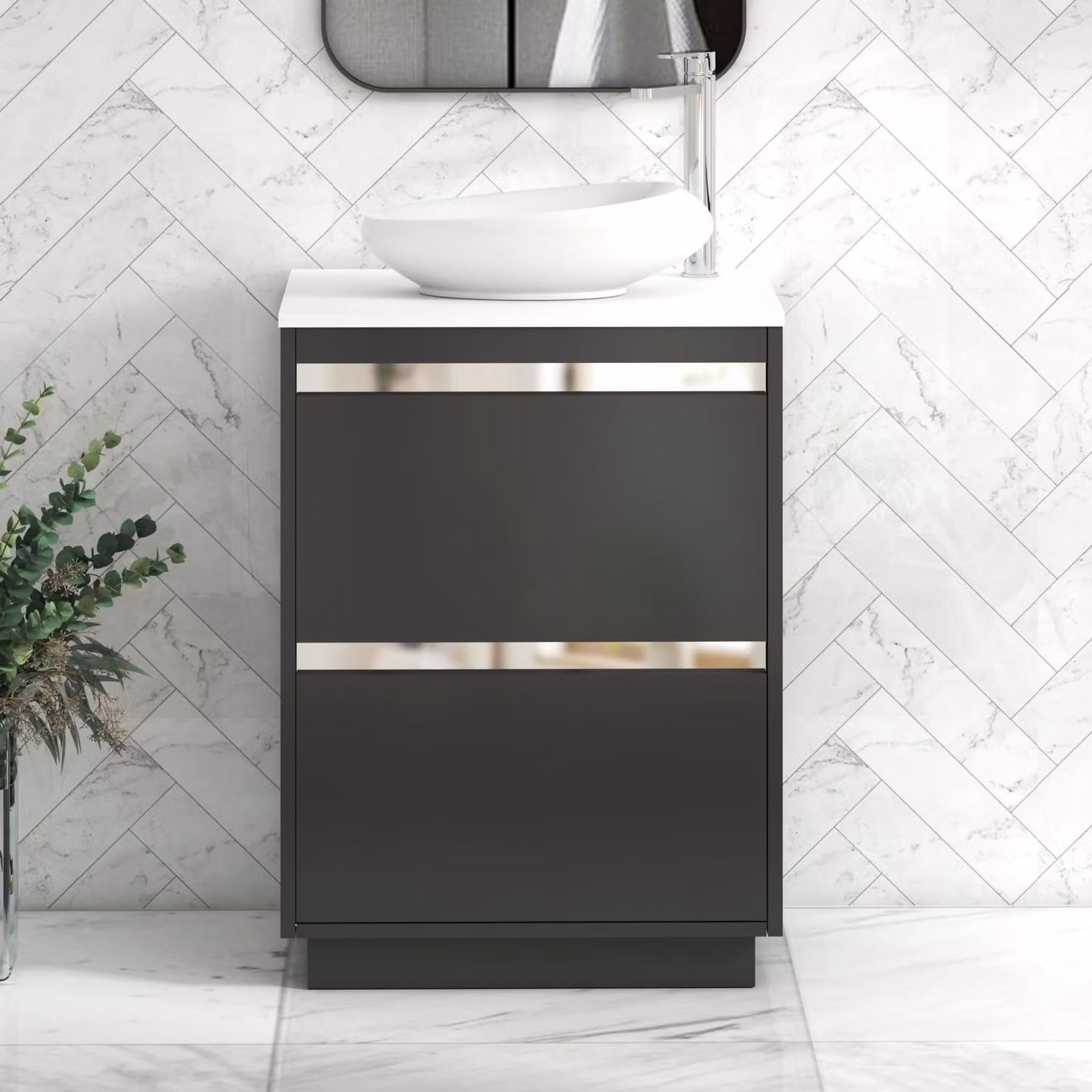 Royal Bathrooms Orion 600mm Matt Obsidian Black Floor Standing 2 Drawer Vanity Unit with Plain White Countertop, Nova Basin and Chrome Accent Trim