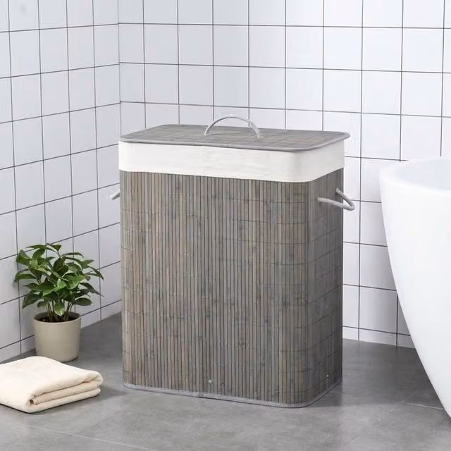 STILVORA 100L 2-Section Foldable Fabric Laundry Basket with Lid and Handles, Grey