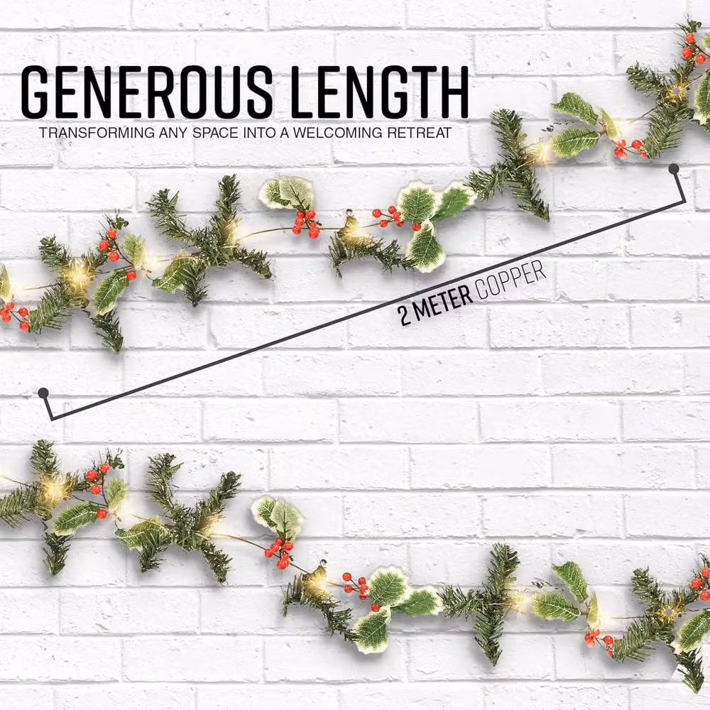 Globrite 2M Berry and Leaf Christmas Garland with 20 Warm White LED Lights, Battery Operated, Red and Green with Copper Accents – 2