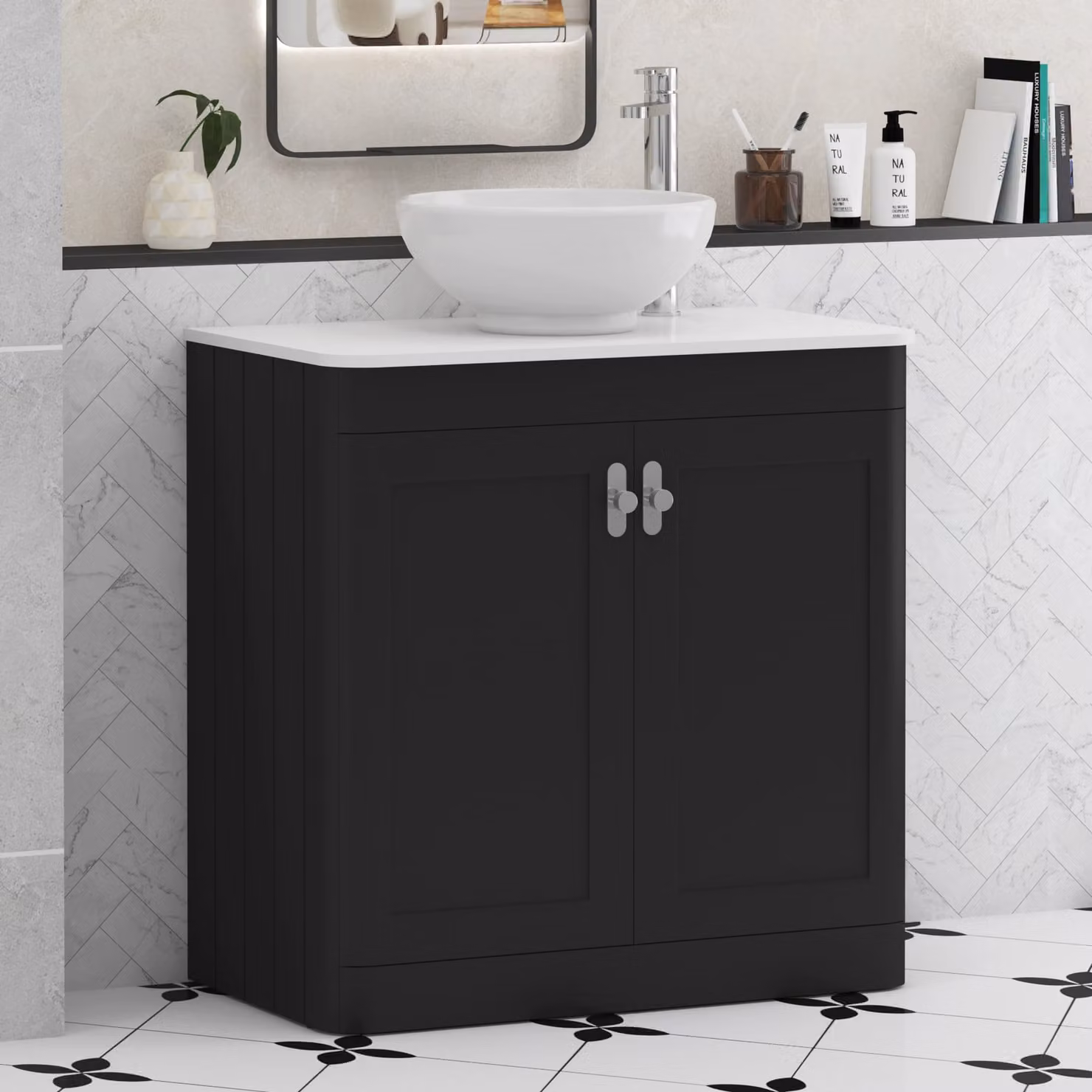 Royal Bathrooms Henley 800mm Matt Nocturne Black Floor Standing 2 Door Vanity Unit with Plain White Worktop and Breeze Basin
