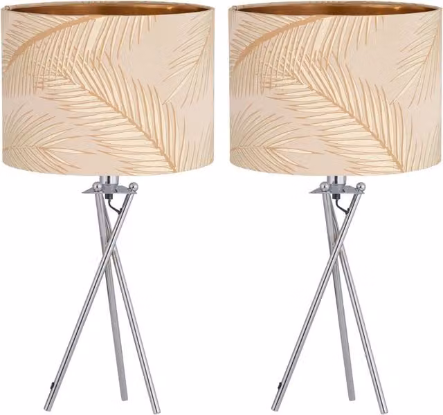 First Choice Lighting Tropica Set of 2 Chrome Tripod Lamps with Gold and Silver Fabric Shades