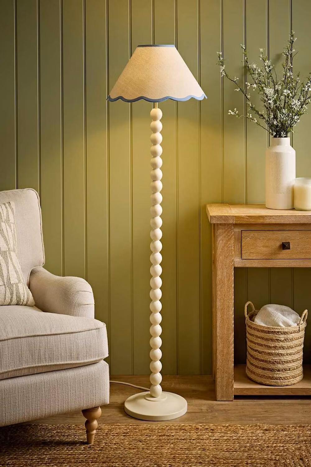ValueLights Bobbin Colour Trim Linen Bobble Floor Lamp with Bulb in Cream and Blue – 2