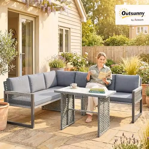 Outsunny 6 Seater Rattan Garden Furniture Set with 4 Piece Grey Polyrattan Design and Glass Table – 2