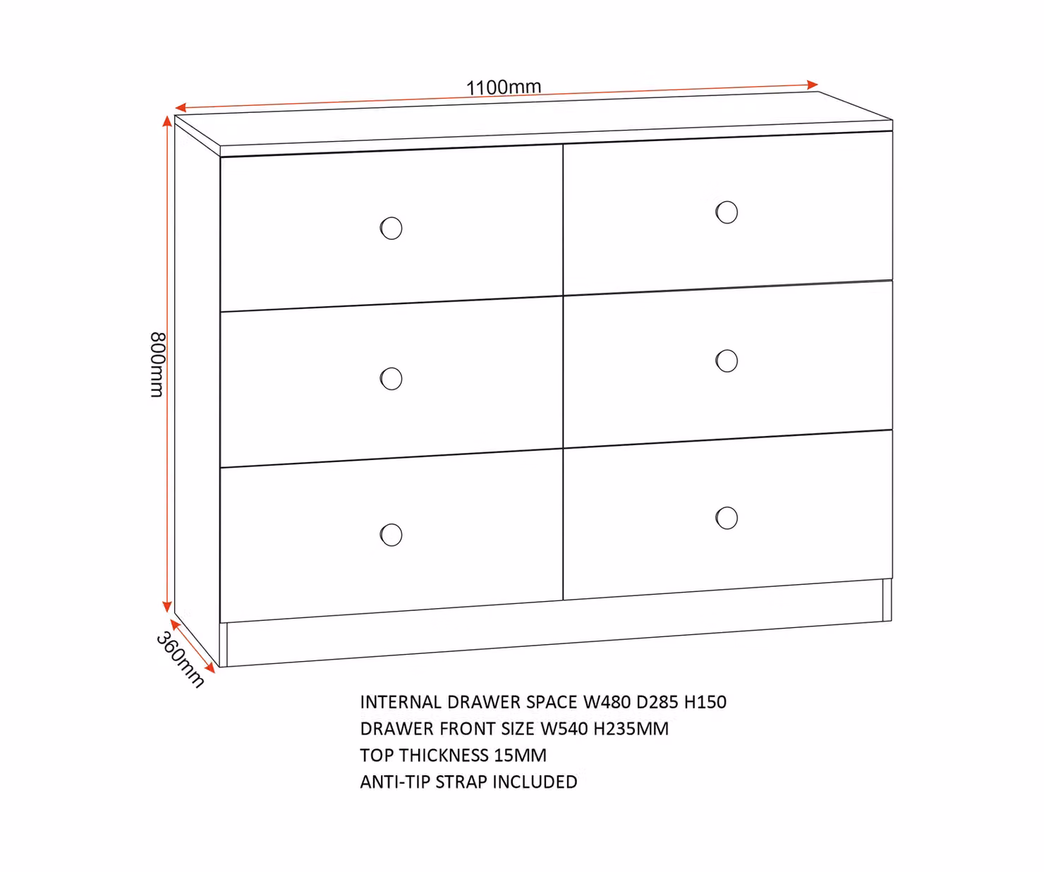 Seconique Denver 6 Drawer Chest in Grey Gloss, H 110 x W 80 x D 36 cm – 3