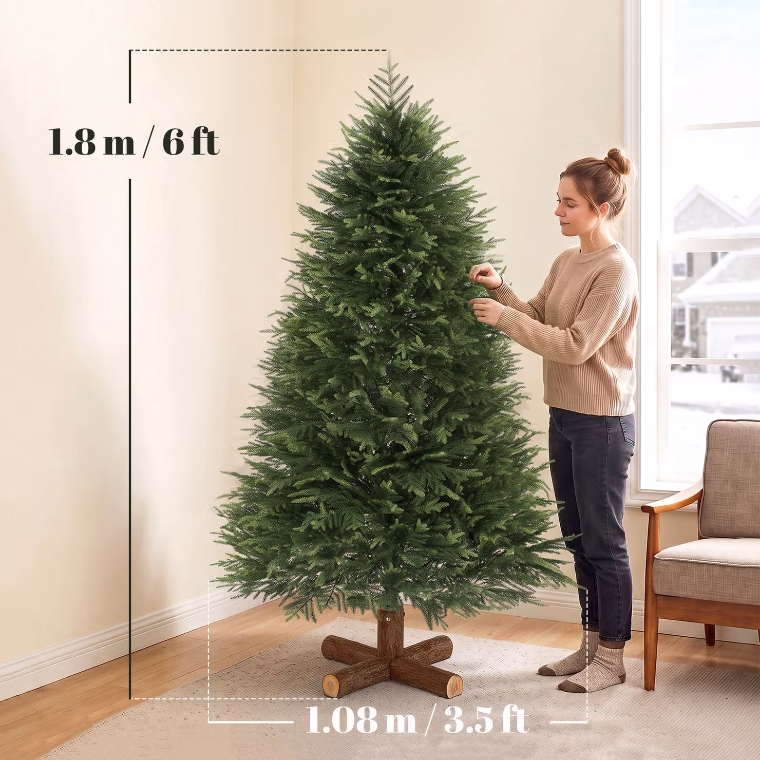 HOMCOM 6ft Artificial Christmas Tree with Realistic PE and PVC Branch Tips and Fir Wood Base, Green – 3