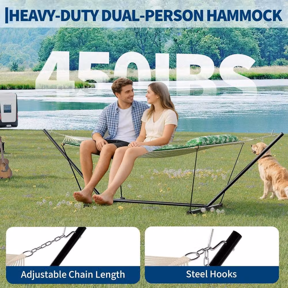 London Boutique Double Hammock with Stand and Pillow in Green – 6