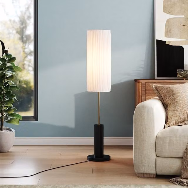 Lifeideas Modern Floor Lamp with Fabric Pleated Cylinder Lampshade in Black, Gold or White