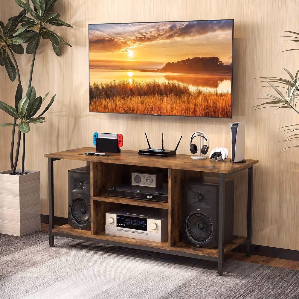 Gymax Brown 3-Tier Industrial Wood TV Stand with Power Outlet and Type-C Port – 3