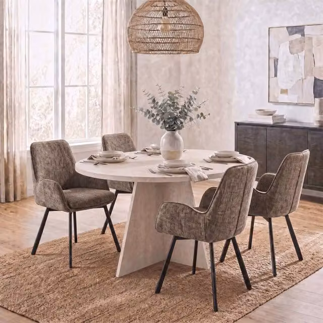 FWStyle Modern Round Travertine Dining Table and 4 Brown Swivel Chairs Set in Beige and Black – 1