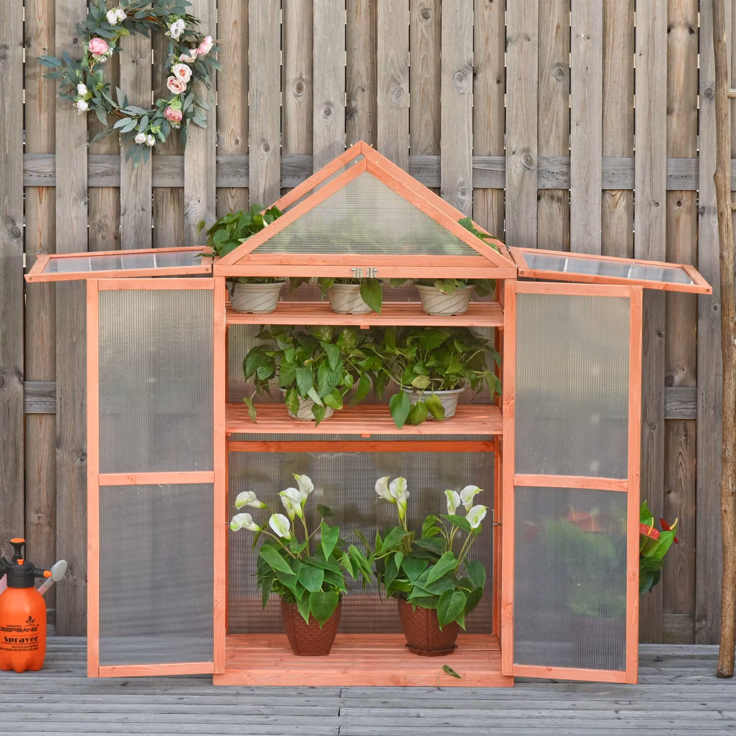 Outsunny 3-Tier Wooden Cold Frame Greenhouse Garden Grow House with Adjustable Shelves and Double Doors, Orange, W: 80 cm, D: 47 cm, H: 138 cm – 2