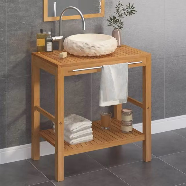 Berkfield Home Solid Teak Bathroom Vanity Cabinet with Cream Marble Sink in Brown