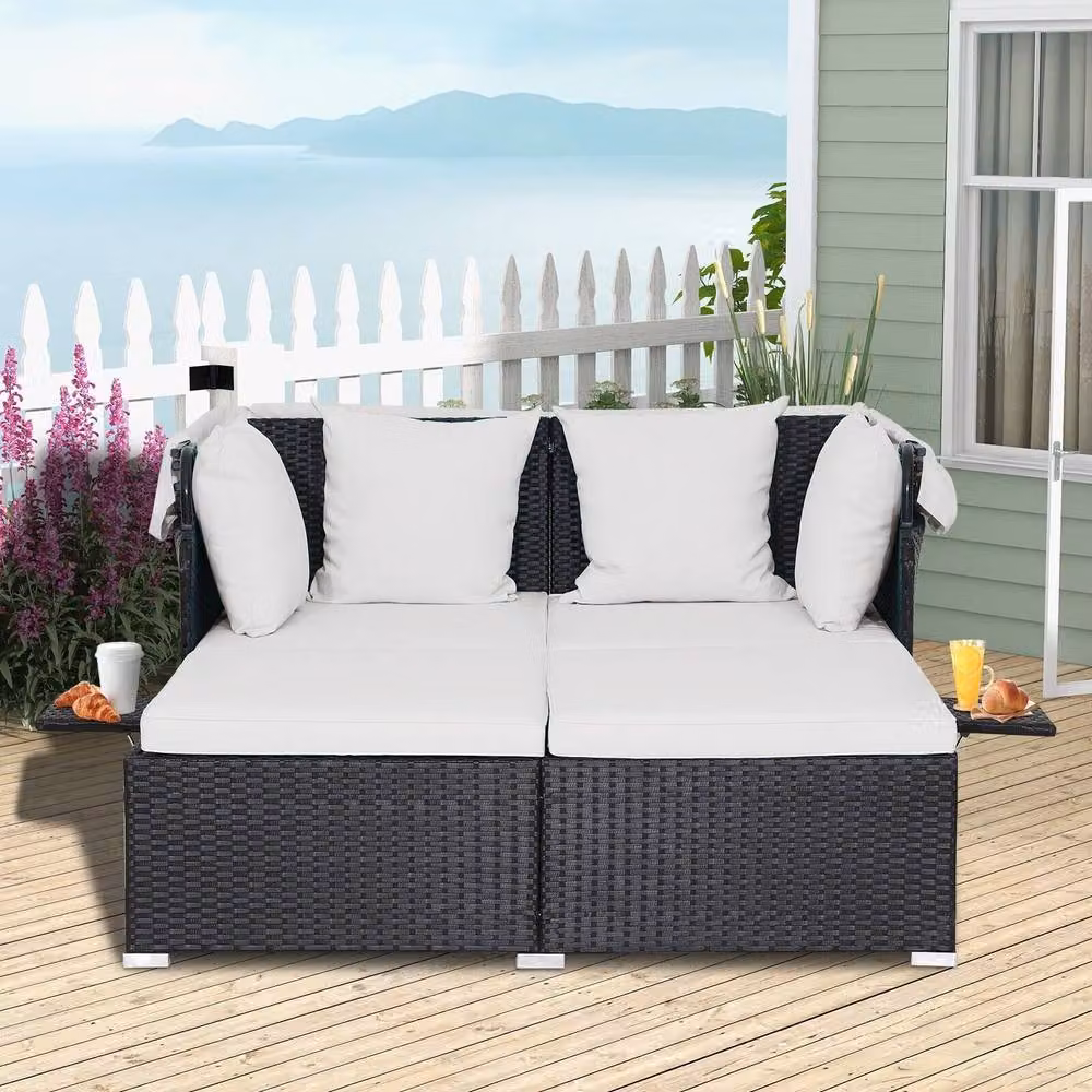 Costway Hand-Woven PE Wicker Daybed Patio Loveseat Sofa Set with Retractable Canopy in White – 4