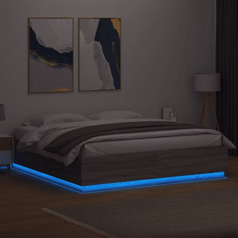 Berkfield Home Modern Grey Sonoma Bed Frame with LED Under-Bed Lighting and USB Charging Port, 200 x 200 cm – 4