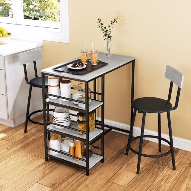 HOMCOM 3 Piece Breakfast Bar Table Set with Storage Shelves in Light Grey