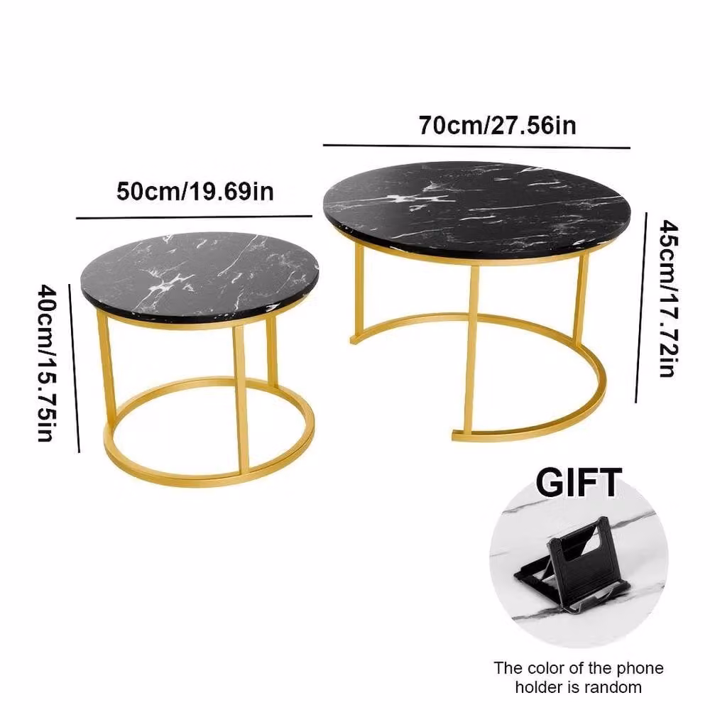 EONLION Set of 2 Round Black Nesting Coffee Tables with Marble Tops – 2