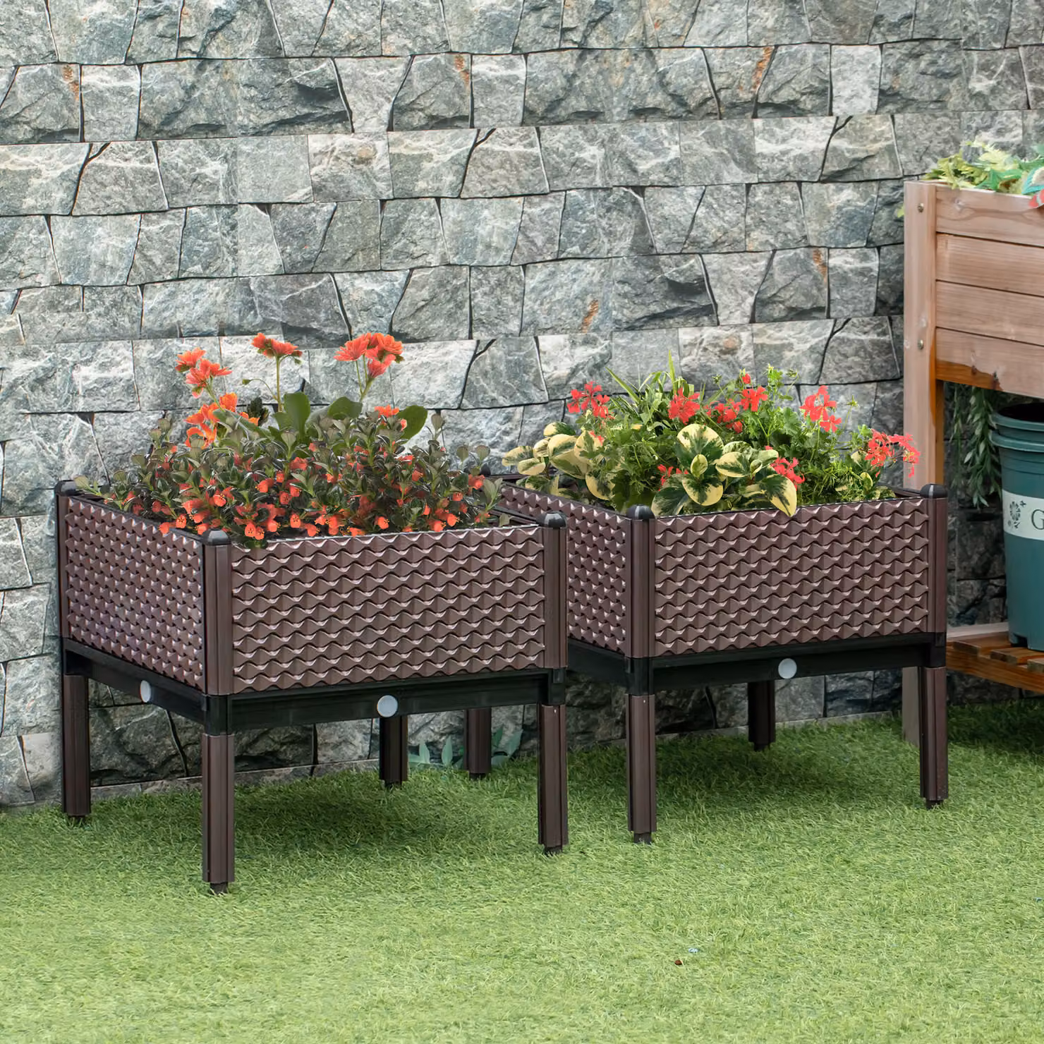 Outsunny Set of 2 Brown Self-Watering Garden Raised Beds and Elevated Planter Boxes, W/D/H: 50 x 50 x 46.5 cm – 2