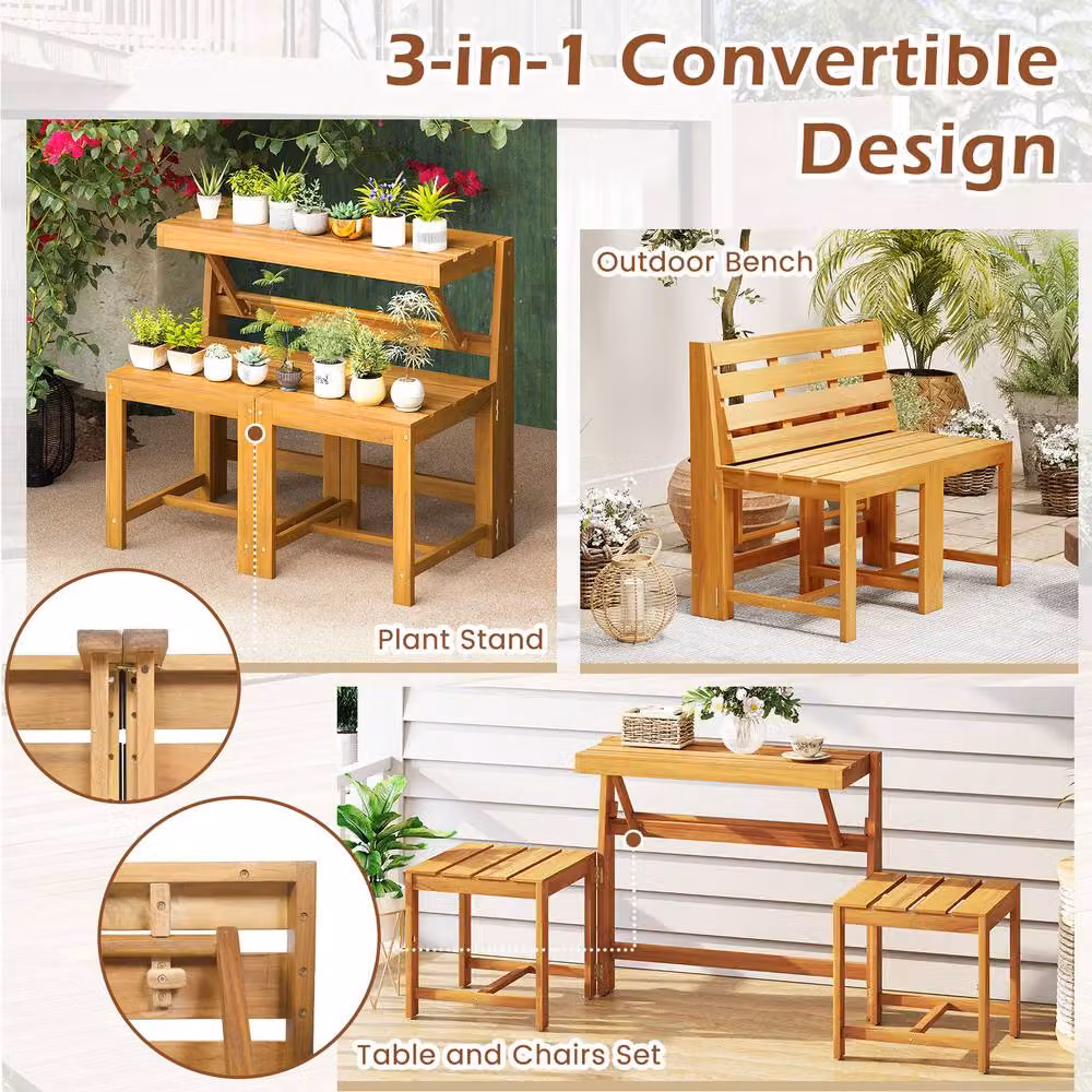 Gymax 3-in-1 Outdoor Dining Table with 2 Built-in Chairs and 2-Tier Plant Stand in Natural Brown Acacia Wood – 2
