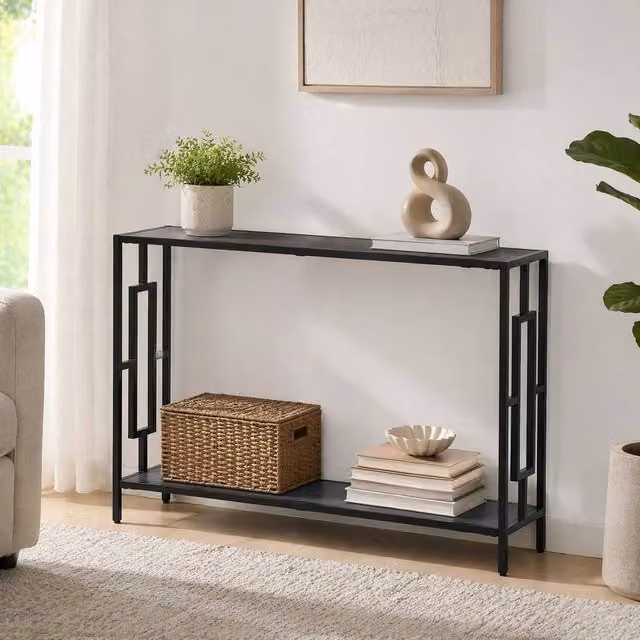 STILVORA Art Deco Console Table with 2 Shelves and Steel Frame in Grey and Black