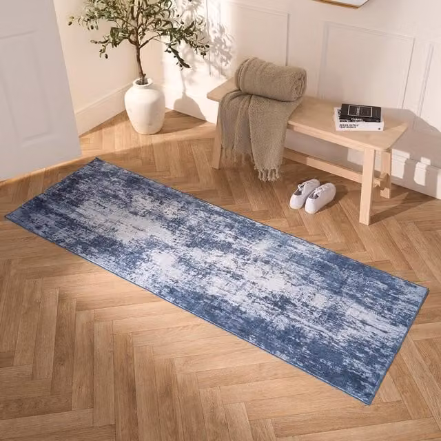 OHS Modern Abstract Print Washable Rectangular Rug in Blue, Width: 66 cm