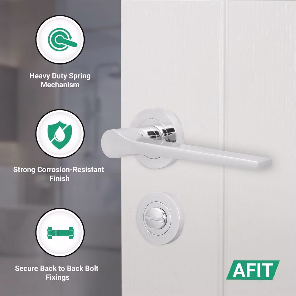 AFIT Polished Chrome Bathroom Door Handle Set with Lock and Hinges in Silver – 2