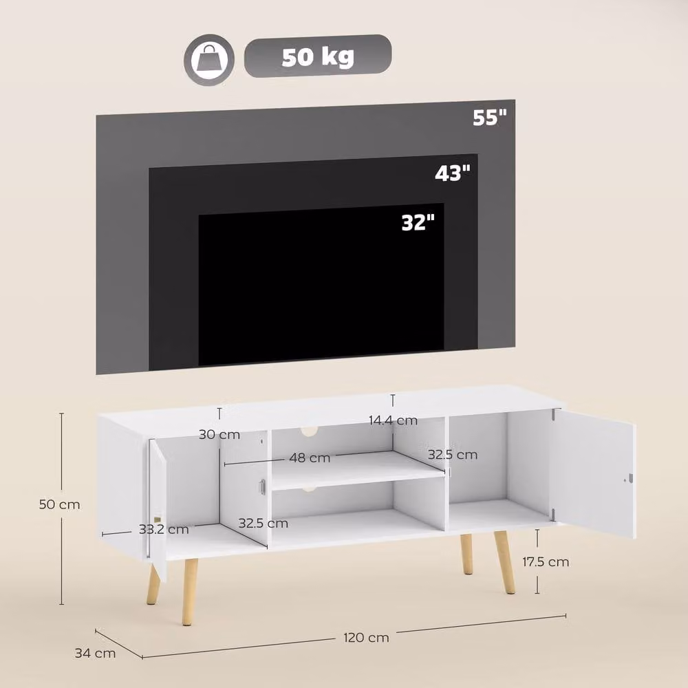 HOMCOM Modern White TV Stand Cabinet with Wood Legs and Cable Management Grommets – 3