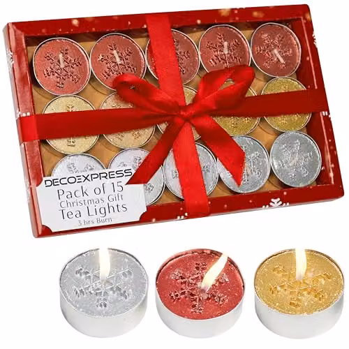Deco Express Unscented Christmas Tealight Candle Set, Multicolour, 15 Pack