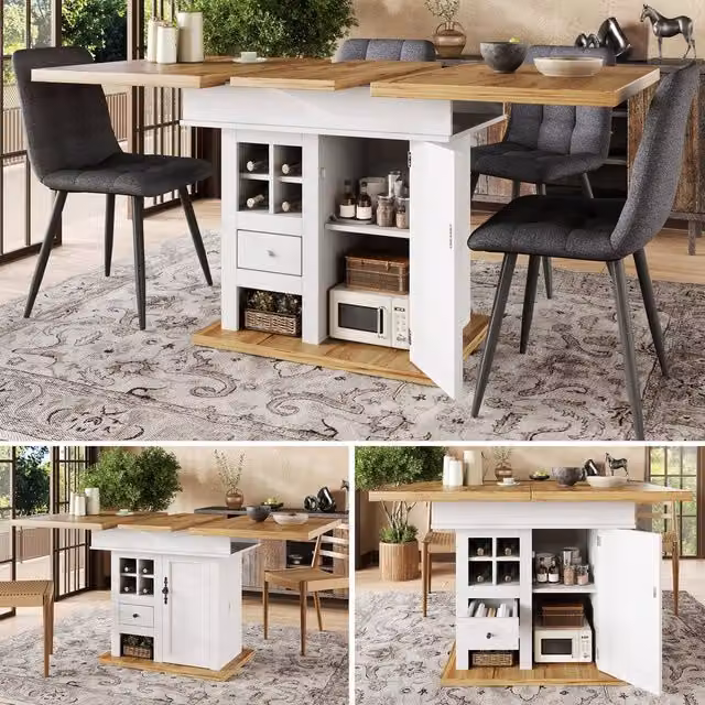 BTM Extendable White Dining Table with Wine Rack and Drawers, W/D/H: 110 x 80 x 75 cm – 1
