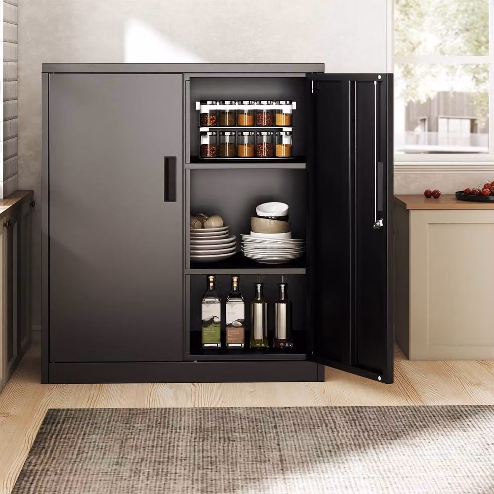 Gymax Lockable 2-Door Steel Tool Cabinet and Pantry in Black, W/D/H: 80 x 80 x 91 cm – 7