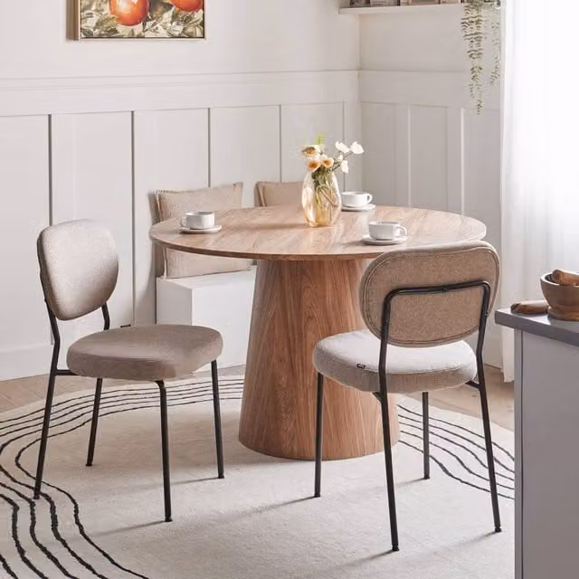 Wyld and Coco Set of 2 Armless Mid-Century Dining Chairs in Brown Fabric with Black Metal Legs